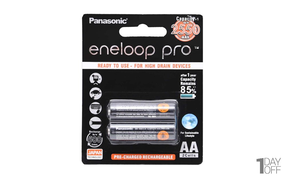 باتری قلمی پاناسونیک (Panasonic) مدل Eneloop Pro نوع قابل شارژ رنگ مشکی - بسته 2 عددی / با قابلیت شارژ بیش از 500 بار / ساخت ژاپن / با ماندگاری 85% قابلیت استفاده بعد از 1 سال