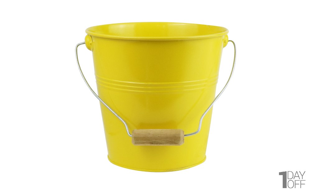 گلدان فلزی سطلی دسته یکسره چوبی تورینگ ابعاد 20x19x14.5 سانتی‌متر رنگ زرد