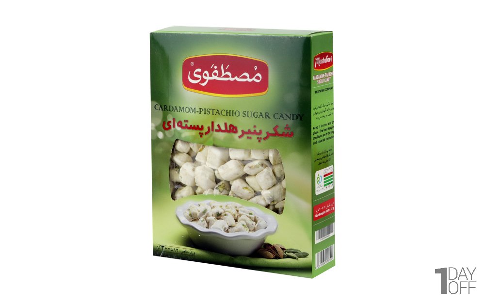 شکرپنیر هل‌دار پسته‌ای مصطفوی مقدار 300 گرم
