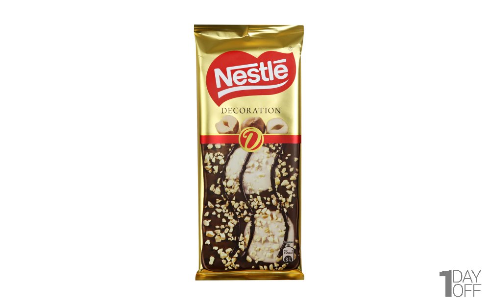 شکلات شیری و سفید با مغز فندق و تکه‌های بیسکویت نستله (Nestle) مدل DECORATION مقدار 85 گرم 