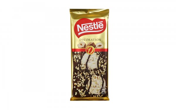 شکلات شیری و سفید با مغز فندق و تکه‌های بیسکویت نستله (Nestle) مدل DECORATION مقدار 85 گرم 
