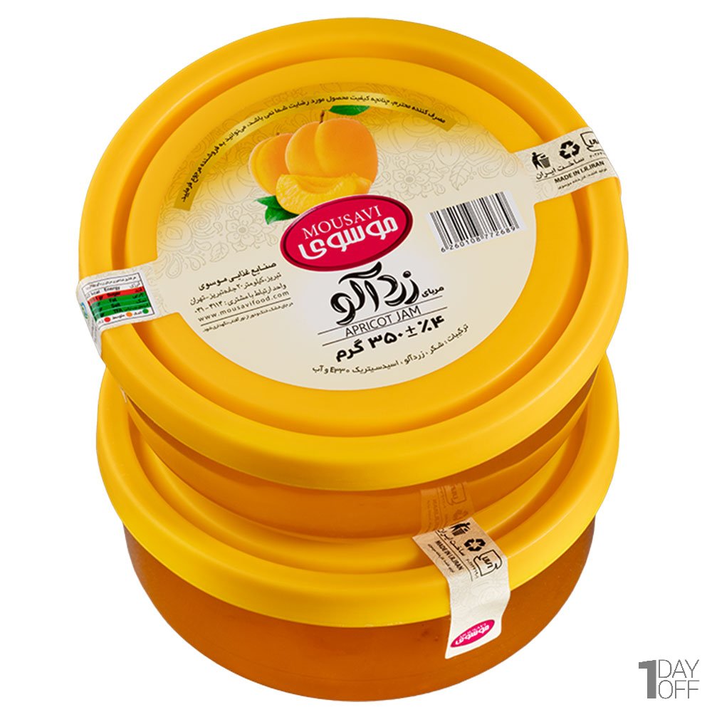 مربا زردآلو موسوی با ظرف دردار شیشه‌ای قابل استفاده مقدار 350 گرم