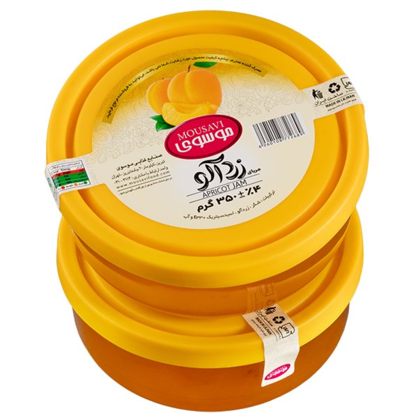 مربا زردآلو موسوی با ظرف دردار شیشه‌ای قابل استفاده مقدار 350 گرم