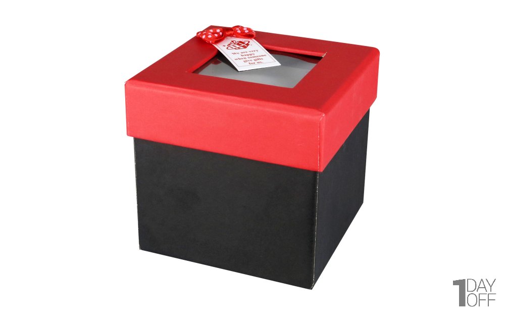 جعبه هدیه مربع رنگ مشکی با درب قرمز طلقی ابعاد 10 سانتی‌متر