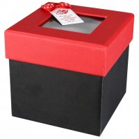 جعبه هدیه مربع رنگ مشکی با درب قرمز طلقی ابعاد 10 سانتی‌متر