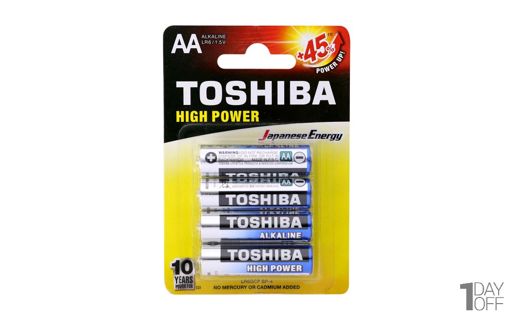 باتری قلمی آلکالاین توشیبا (Toshiba) مدل HIGH POWER - بسته 4 عددی / ساخت ژاپن / 45% کارایی بیشتر / 1.5 ولت / 10 سال ماندگاری / AA