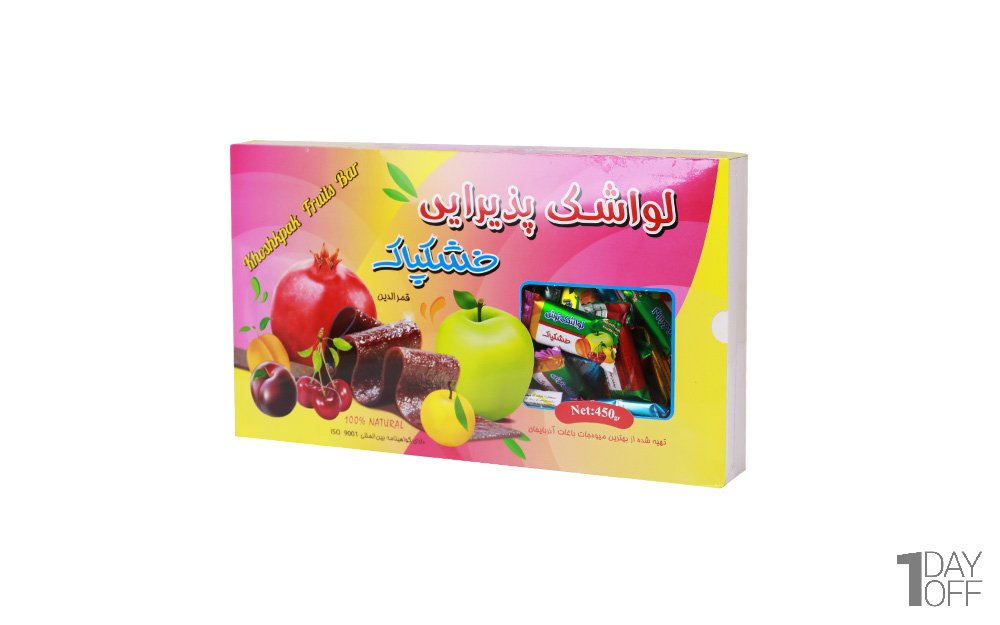 لواشک پذیرایی میوه‌ای خشکپاک مقدار 450 گرم