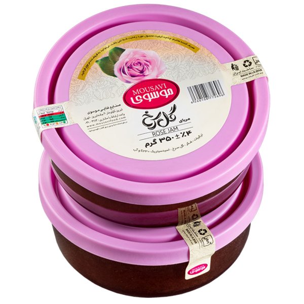 مربا گل سرخ موسوی با ظرف دردار شیشه‌ای قابل استفاده مقدار 350 گرم