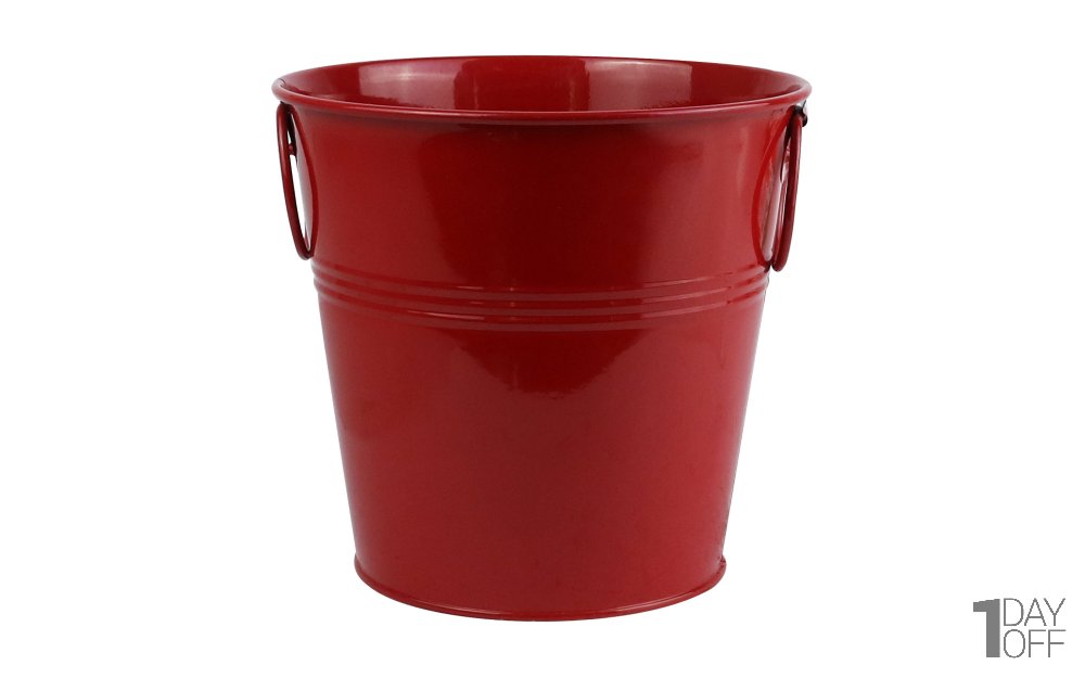 گلدان فلزی سطلی دسته‌ حلقه‌ای ابعاد 20x19x14.5 سانتی‌متر رنگ قرمز