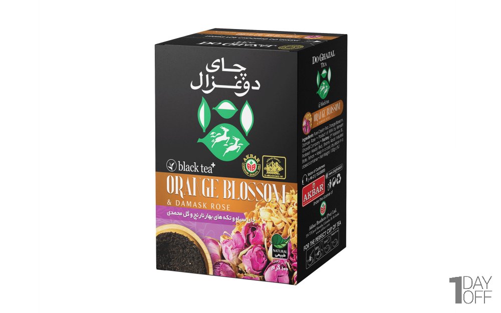چای سیاه و تکه‌های بهار نارنج و گل محمدی دوغزال مقدار 100 گرم