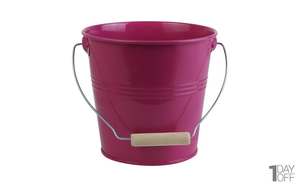 گلدان فلزی سطلی دسته یکسره چوبی تورینگ ابعاد 17x17x16 سانتی‌متر رنگ سرخابی