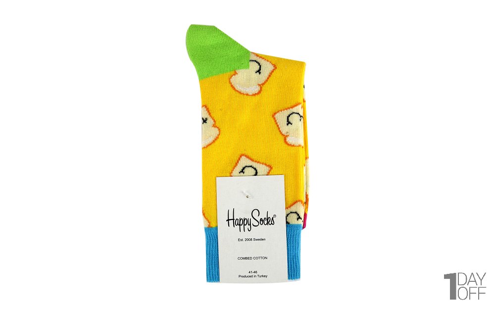 جوراب هپی‌ساکس (Happy Socks) کد 2582 سری غذا طرح نان تست رنگ زمینه زرد
