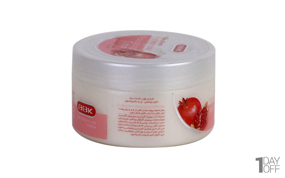 کرم مرطوب‌کننده دست و صورت ببک حاوی عصاره انار مقدار 200 میلی‌لیتر